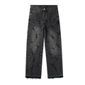 Men's Distressed Black Gray Loose Fit Jeans with Ripped Holes & Button Fly