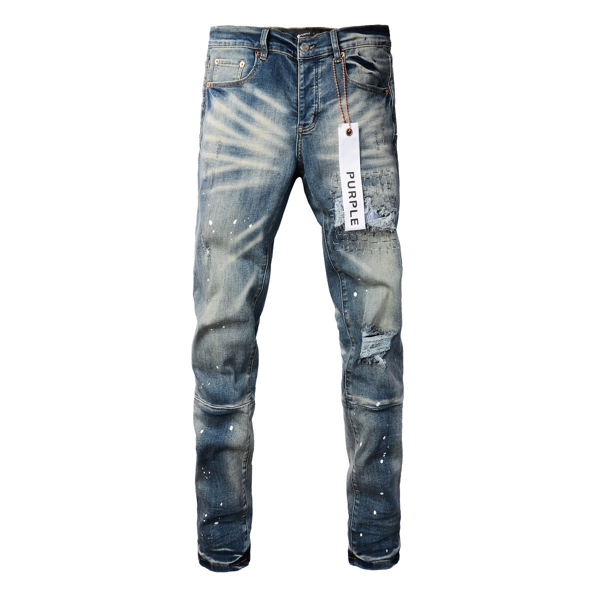 Men's Streetwear Classical Blue Distressed Bandanna Patchwork Stretch Slim Fit Ripped Jeans