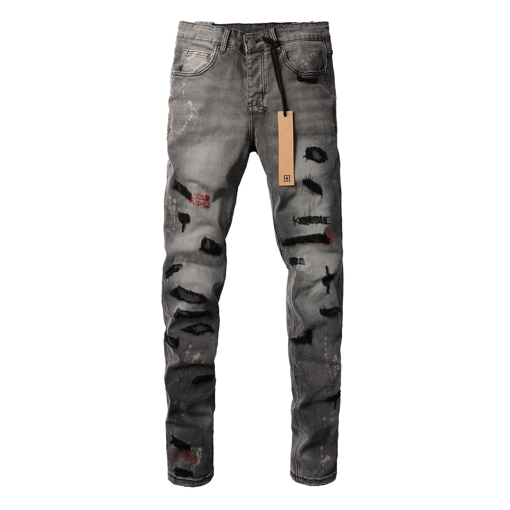 Men's Grey Wash Embroidered Distressed Skinny Jeans - Stretch Denim