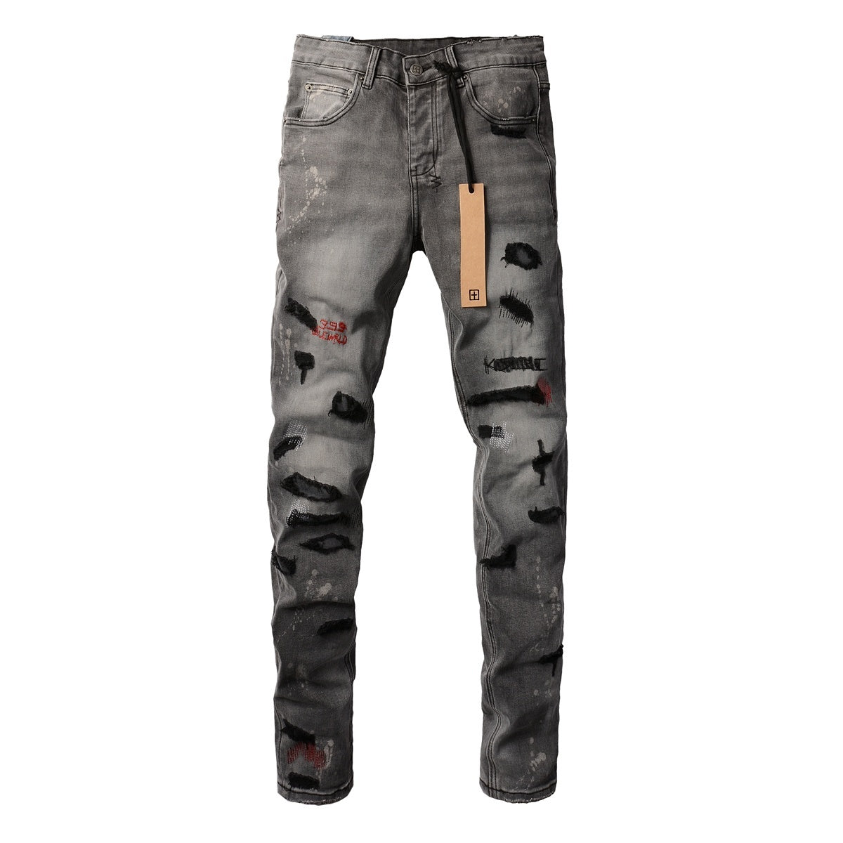 Men's Grey Wash Embroidered Distressed Skinny Jeans - Stretch Denim
