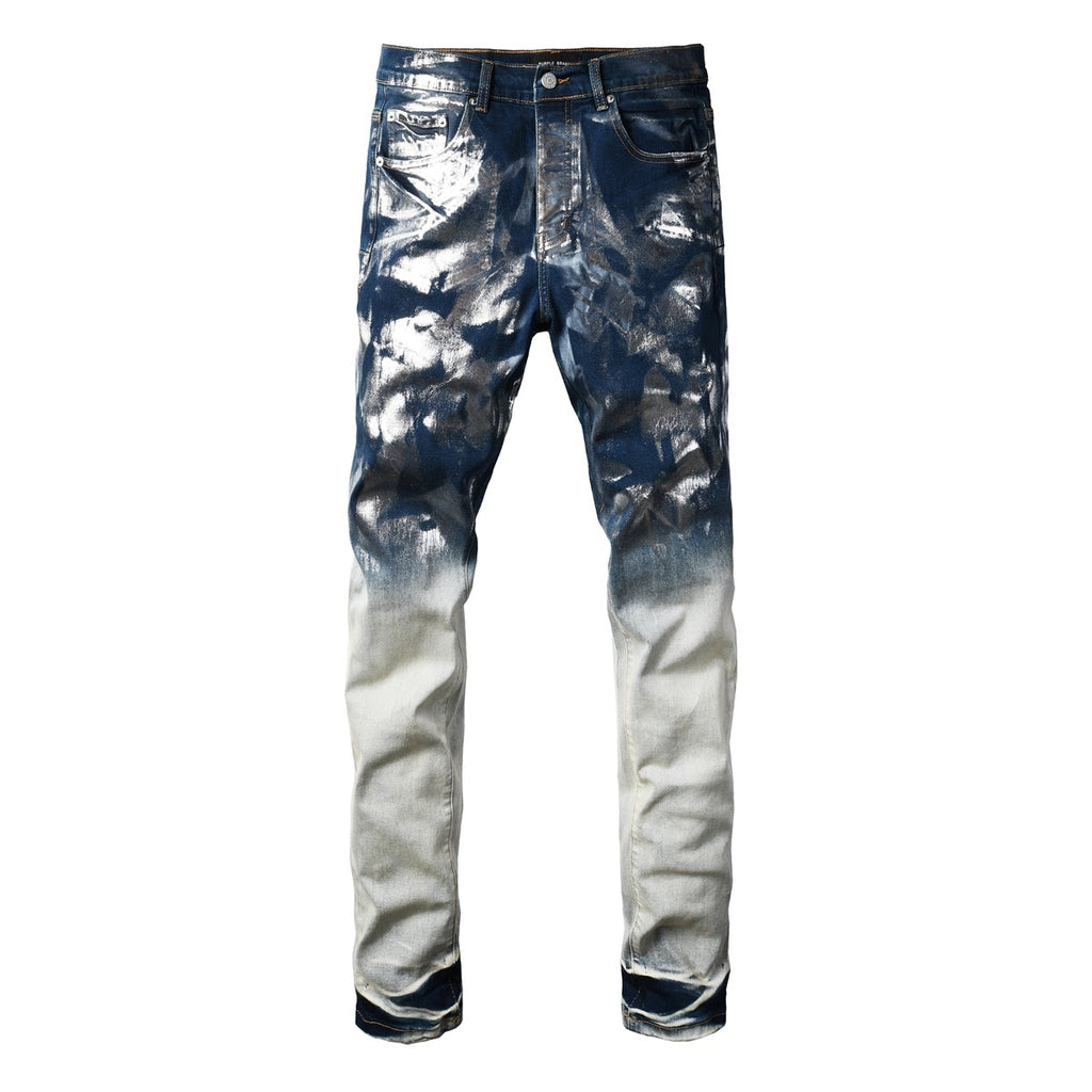 Men's Distressed Blue Skinny Jeans with Silver Coating, Ripped Holes & Button Fly