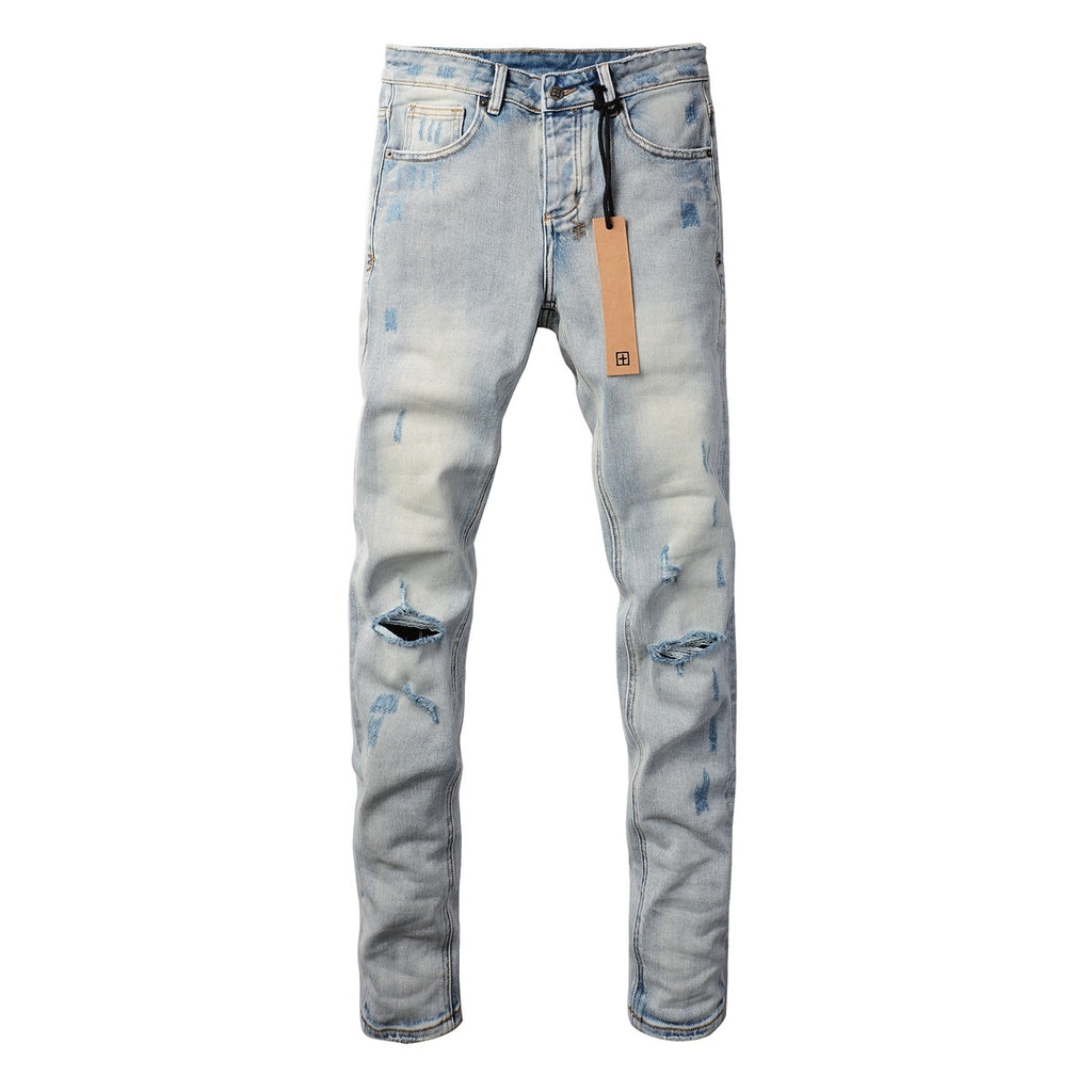 Men's Light Wash Artistic Patchwork Distressed Skinny Jeans - Stretch Denim