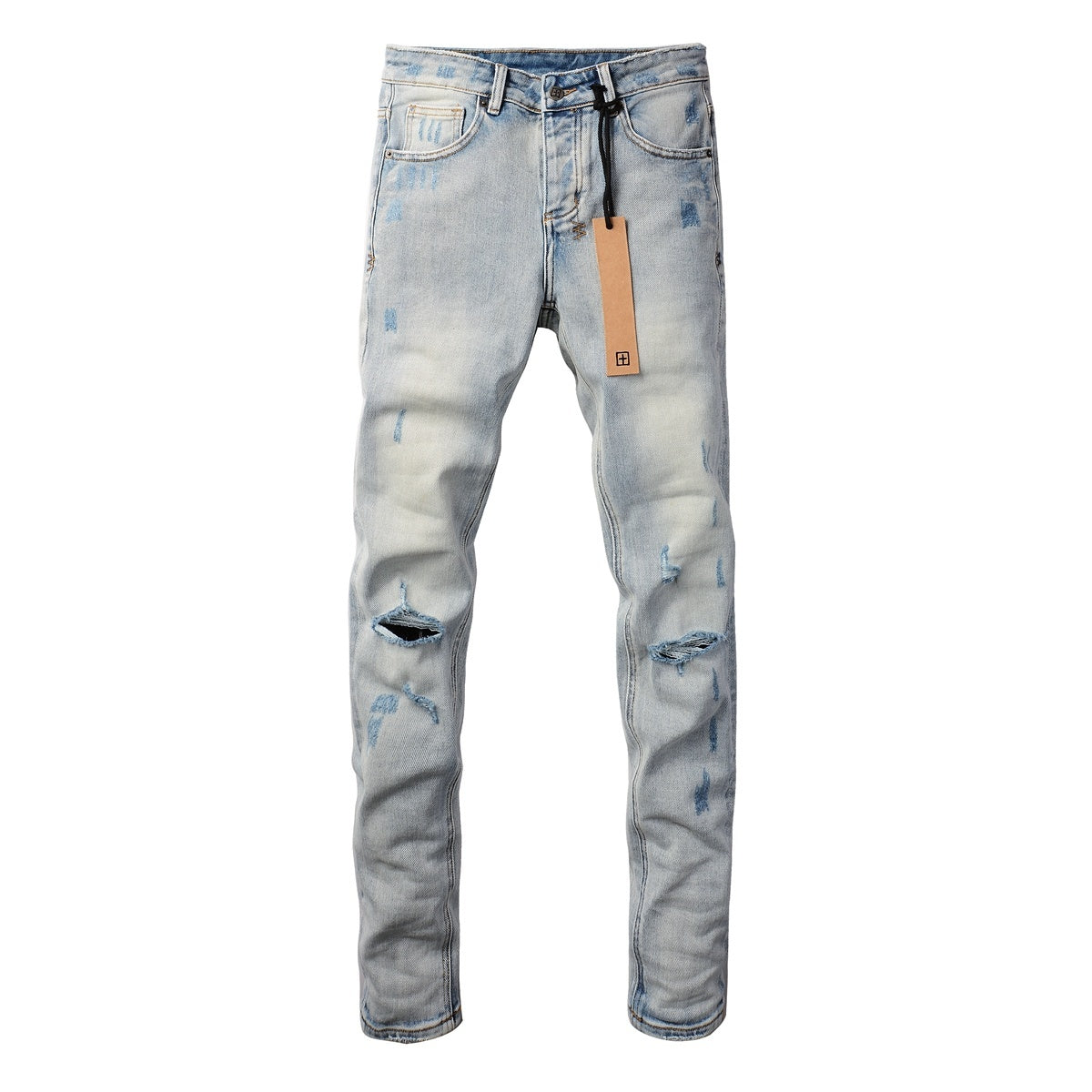 Men's Light Wash Artistic Patchwork Distressed Skinny Jeans - Stretch Denim
