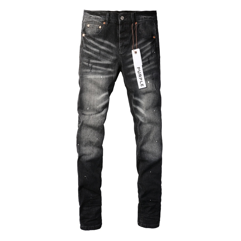 Men's High Street Distressed Black Gray Stretch Slim Fit Ripped Jeans