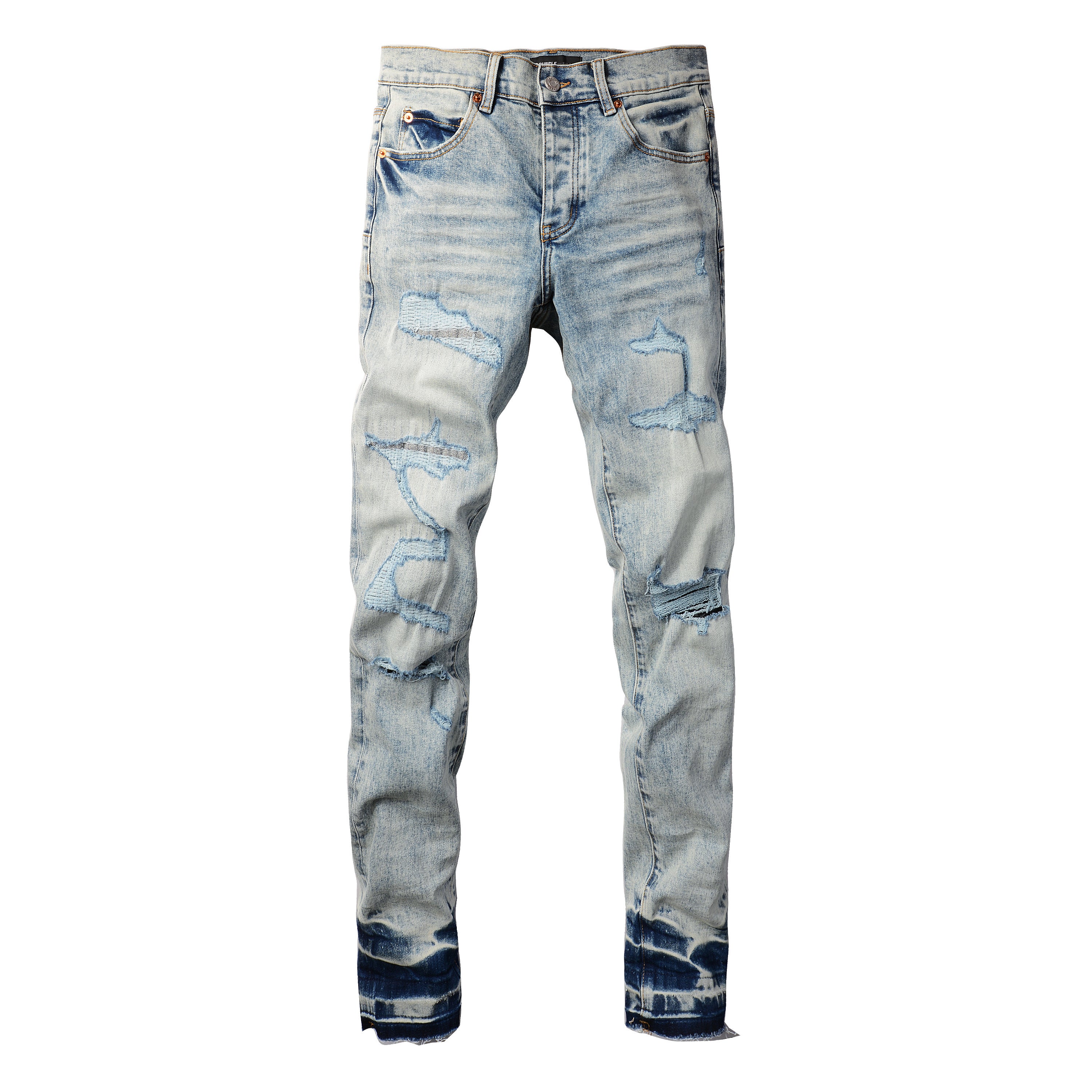Men's Distressed Light Indigo Skinny Jeans with Ripped Holes & Button Fly