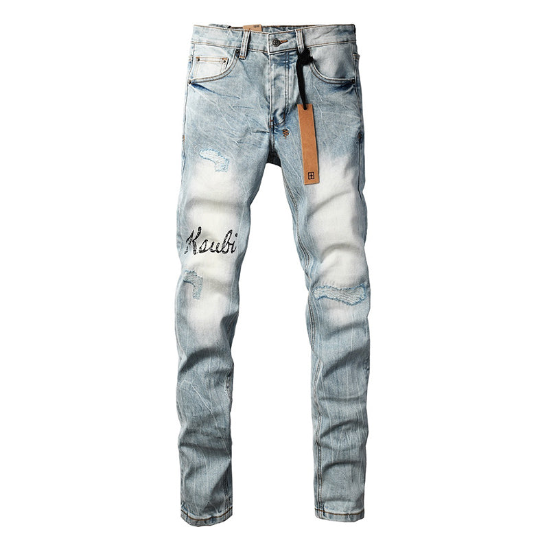 Men's Ksubi-Style Light Wash Rhinestone Logo Skinny Jeans - Streetwear Denim