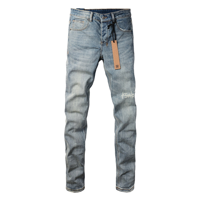 Men's Light Wash Ksubi-Inspired Graffiti Skinny Jeans - Slim Denim Pants