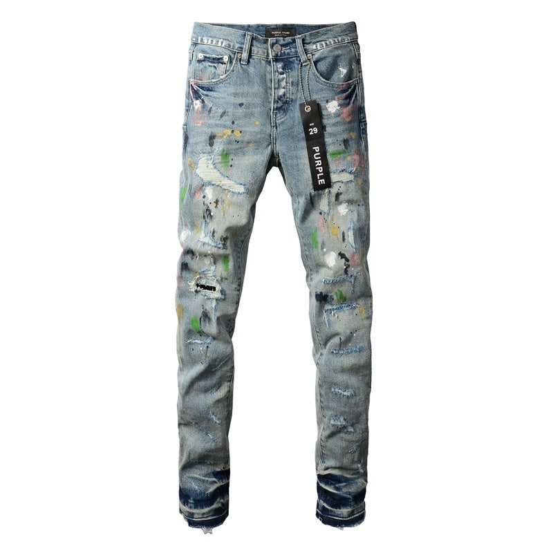 Men's Distressed Light Blue Graffiti Ripped Skinny Jeans with Button Fly & Damaged Holes