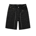 Men's Distressed Black Denim Shorts with Rhinestones, Ripped Detailing & Loose Fit