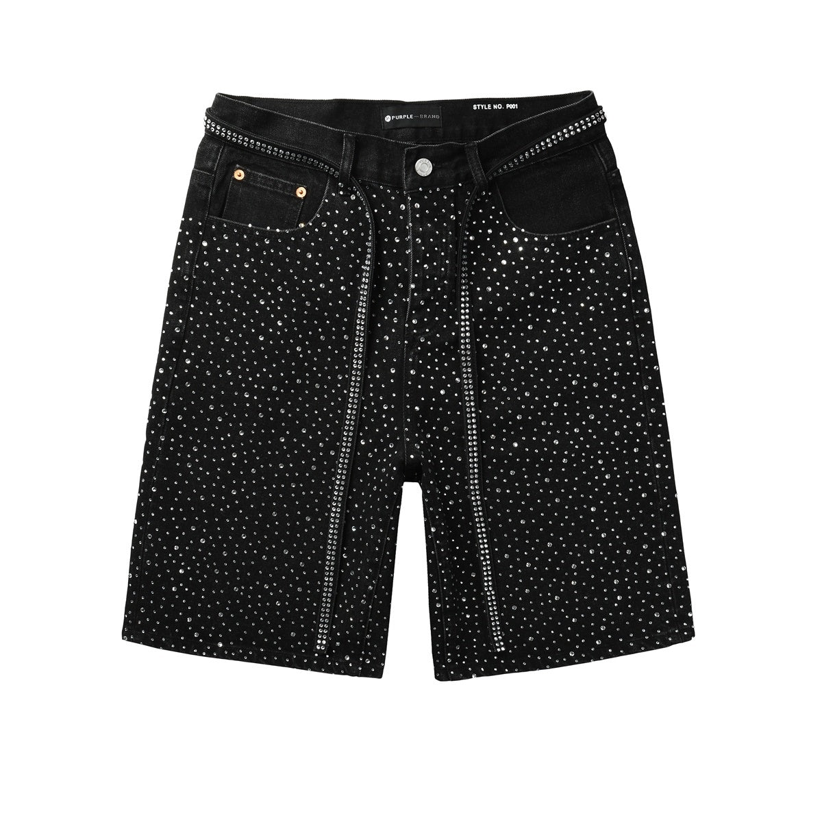 Men's Distressed Black Denim Shorts with Rhinestones, Ripped Detailing & Loose Fit