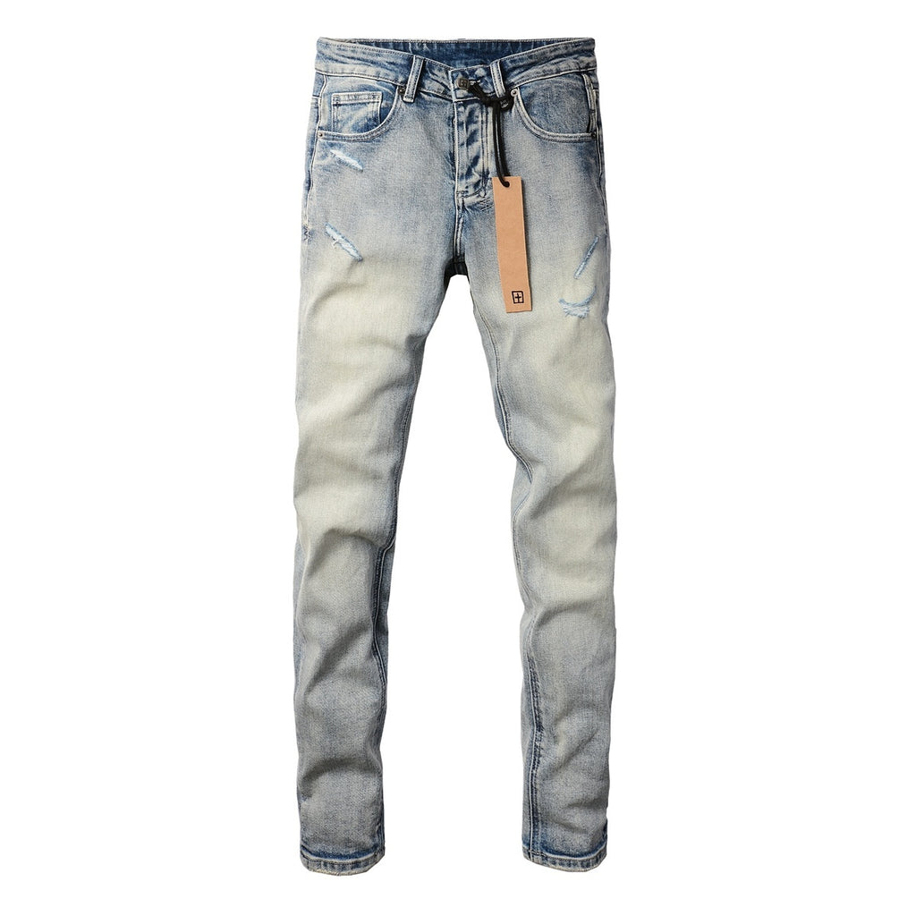 Men's Faded Light Wash Subtle Distressed Skinny Jeans - Stretch Denim