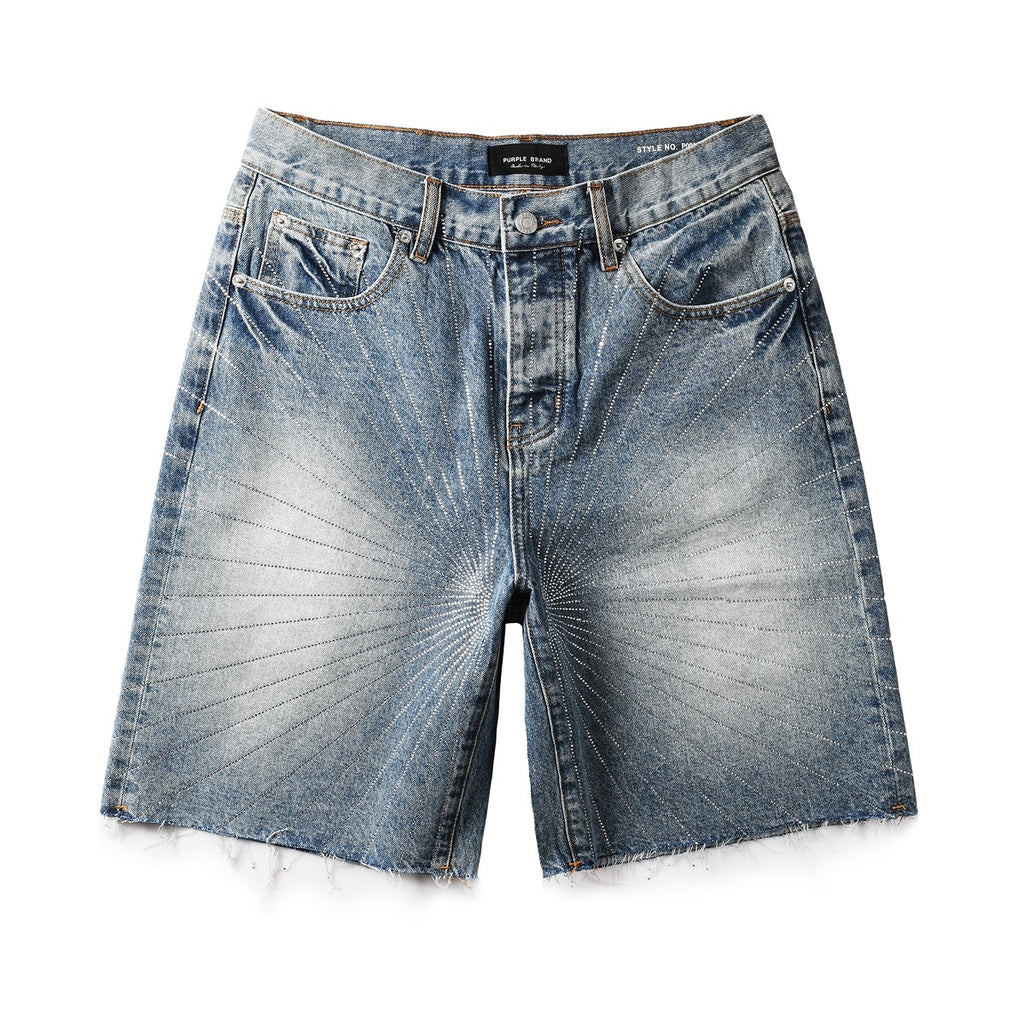 Men's Distressed Washed Blue Baggy Denim Shorts with Stretch Fit