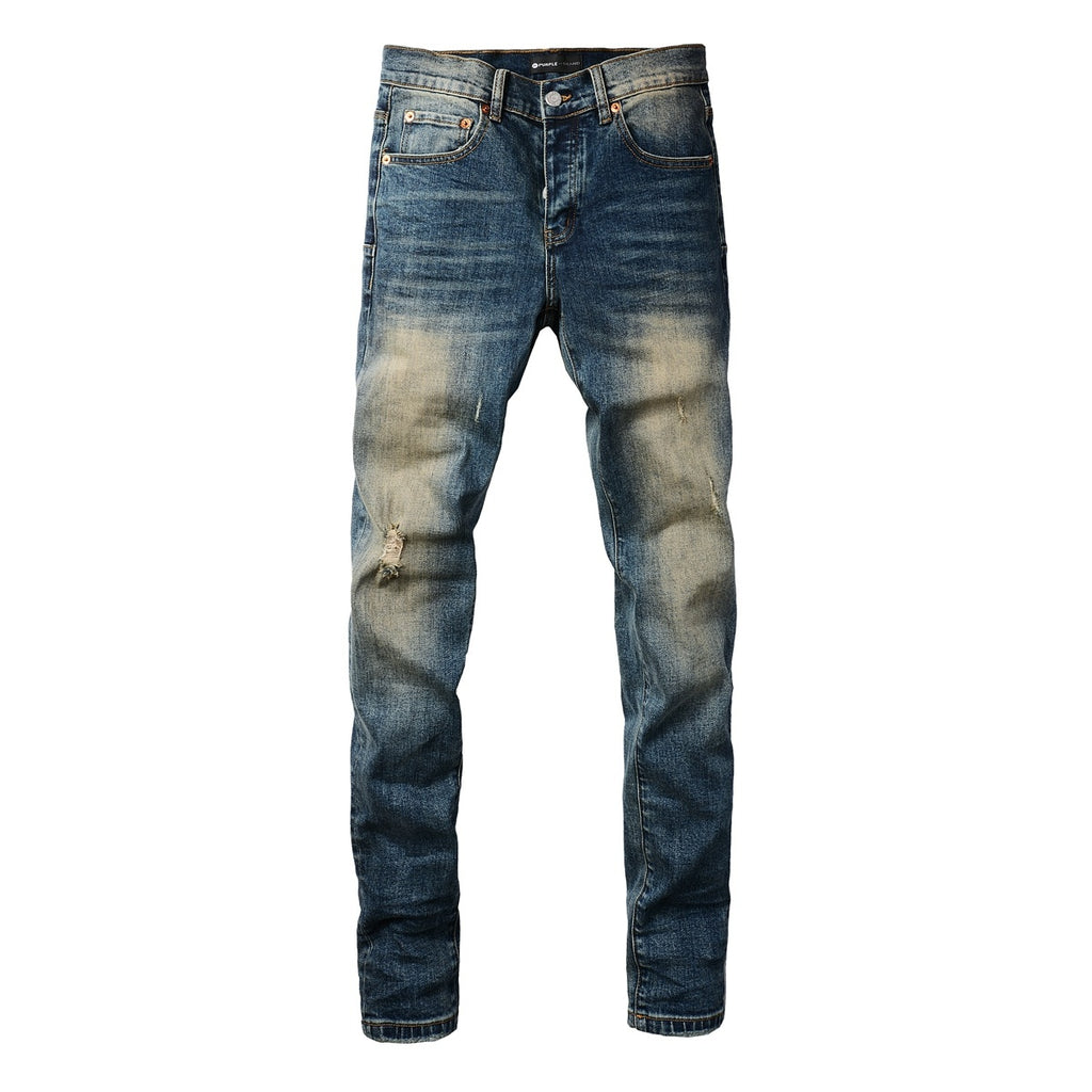Men's Distressed Dark Blue Skinny Jeans with Button Fly & Ripped Detailing