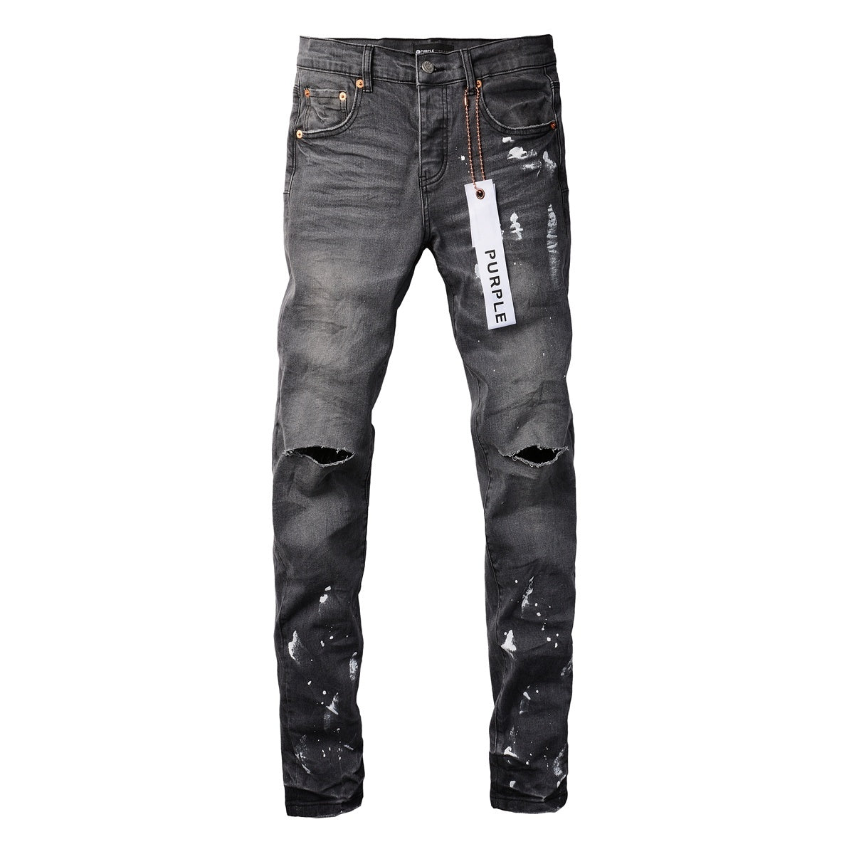 Men's Slim Fit Distressed Gray Damaged Holes Graffiti Stretch Ripped Jeans