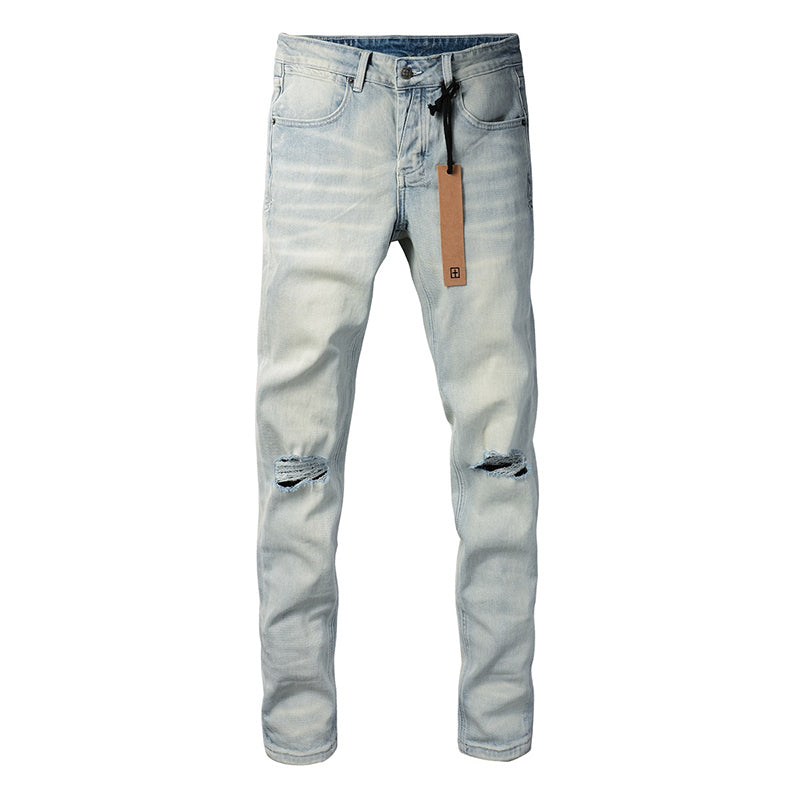 Men’s Light Wash Distressed Skinny Jeans - Streetwear Denim