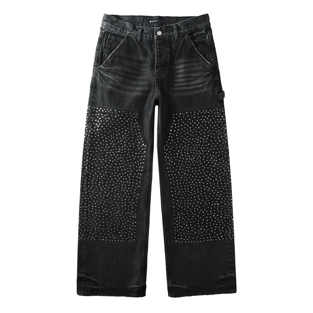 High Street Distressed Black Rhinestones Baggy Jeans for Men & Women | Cool Boys Fashion Loose Fit