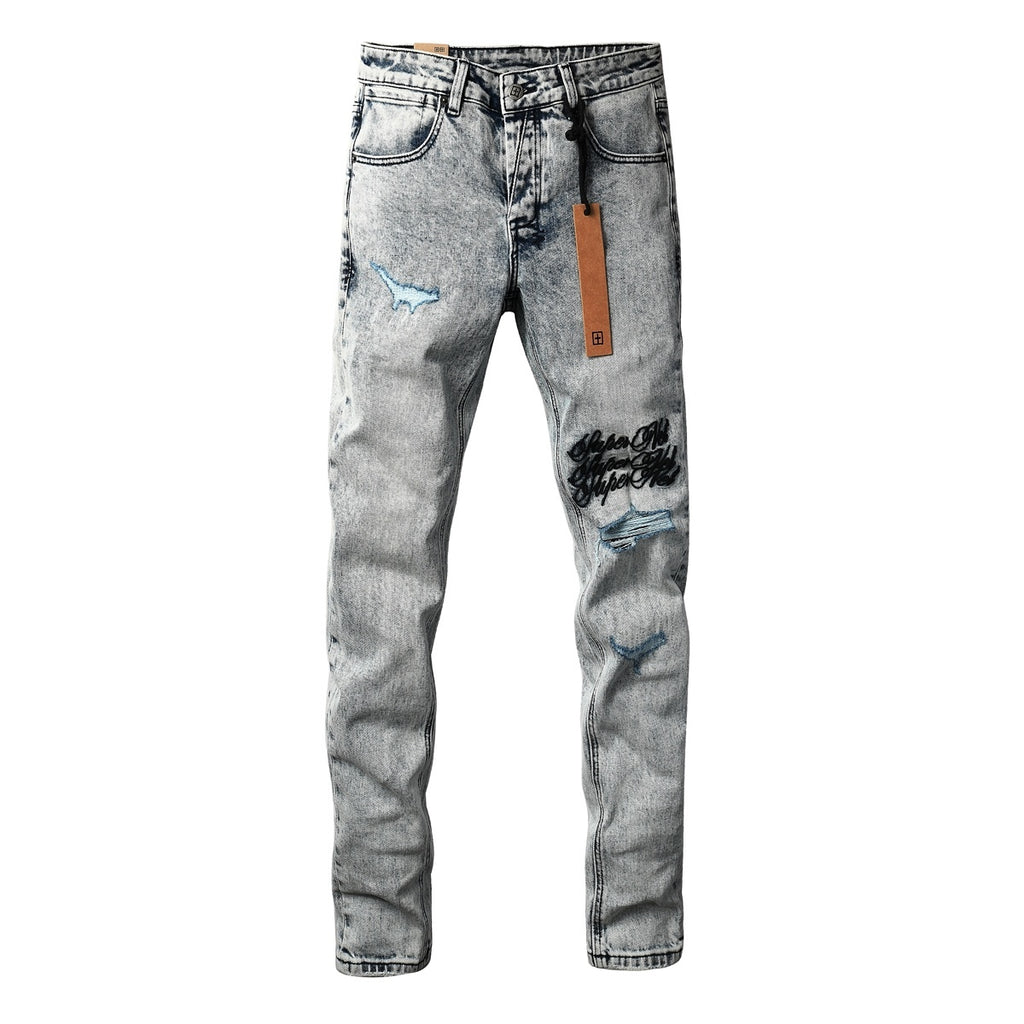 Men’s Acid Wash Skinny Jeans - Distressed Embroidered Street Denim