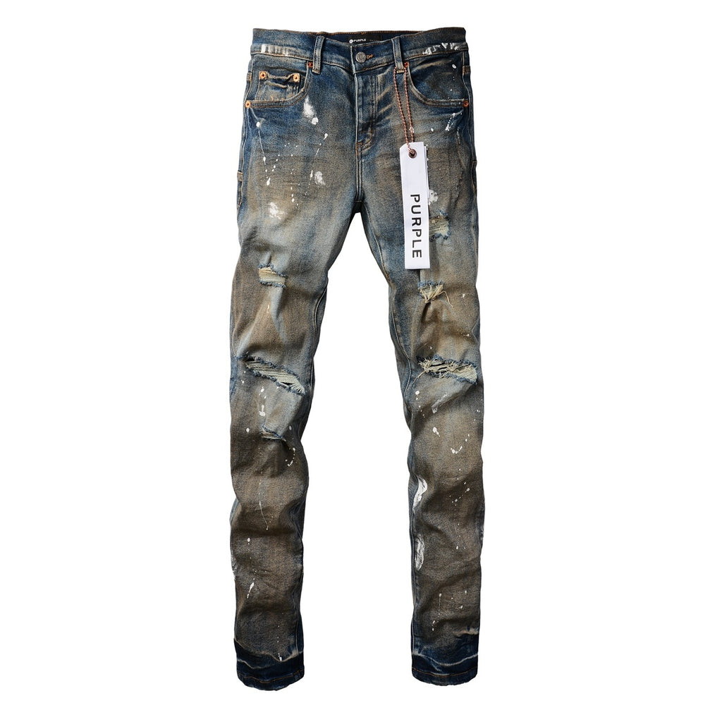 Men's Blue High Street Distressed Dirty Damaged Holes Stretch Slim Fit Ripped Jeans