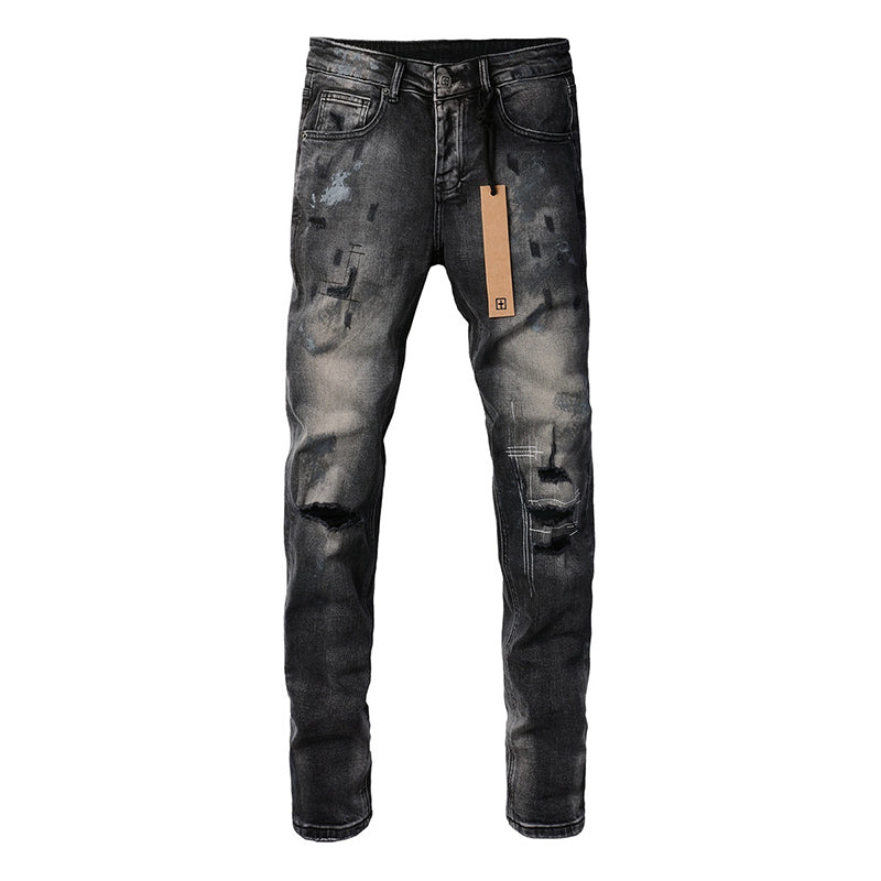 Men's Black Gray Washed Distressed Skinny Jeans - Streetwear Ripped Denim Pants