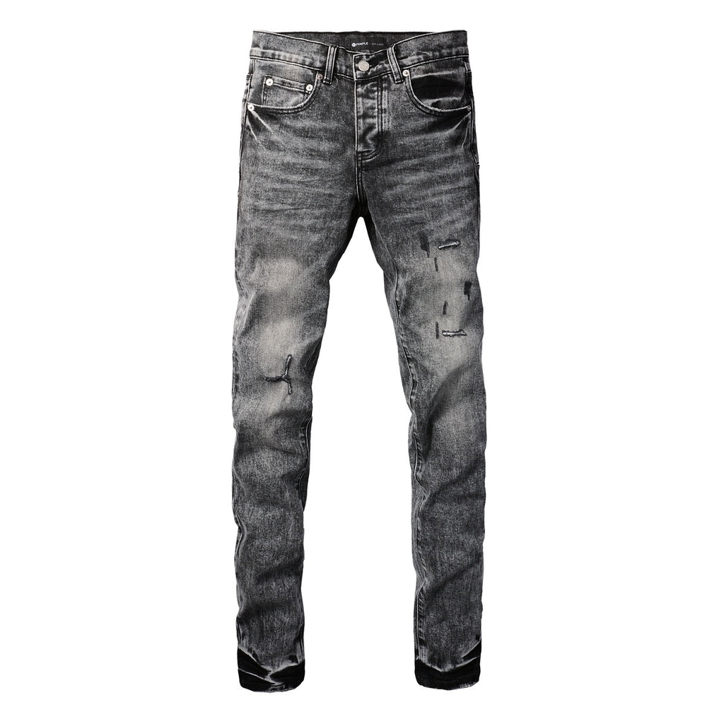 Men's Distressed Ash Gray Skinny Jeans with Ripped Holes & Button Fly