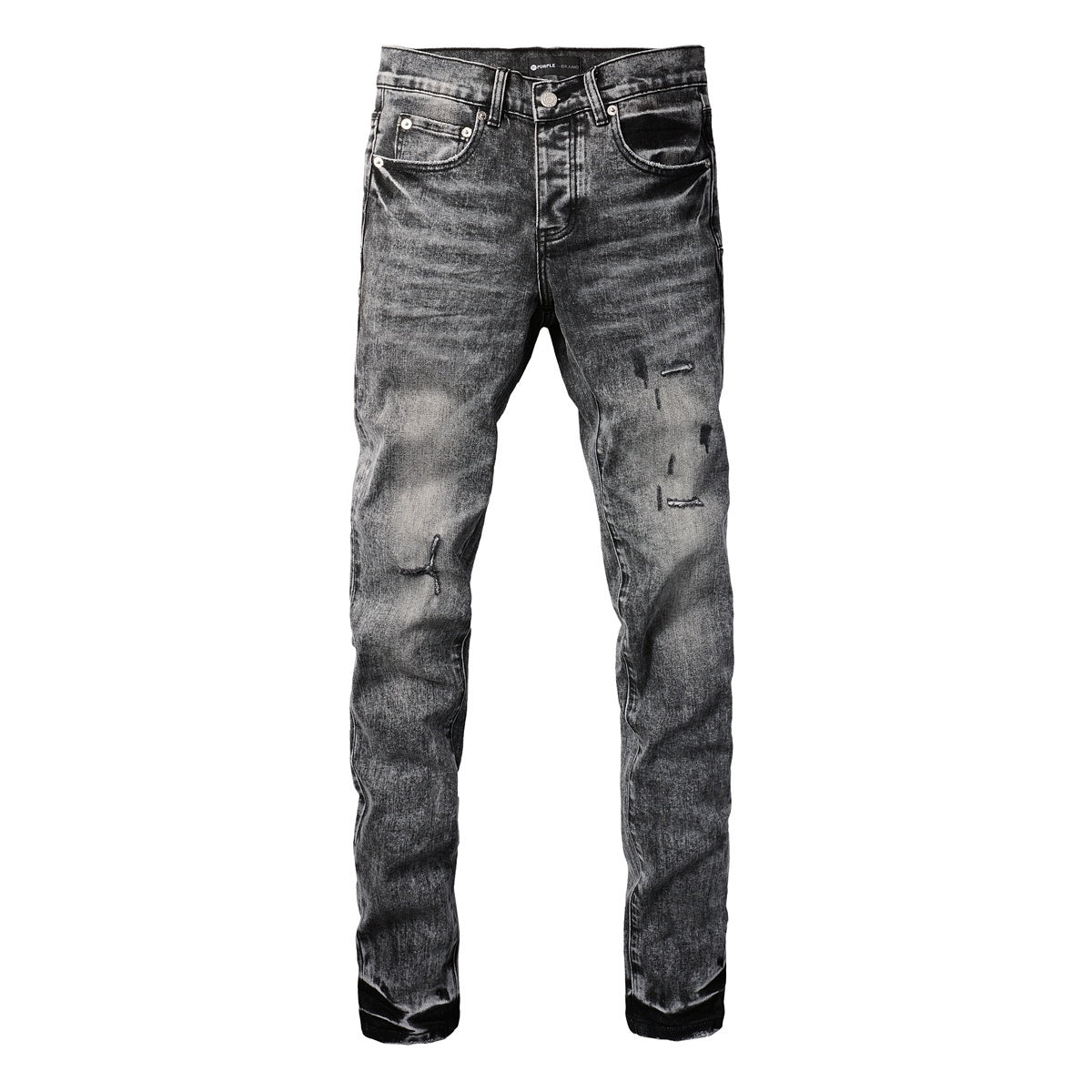 Men's Distressed Ash Gray Skinny Jeans with Ripped Holes & Button Fly