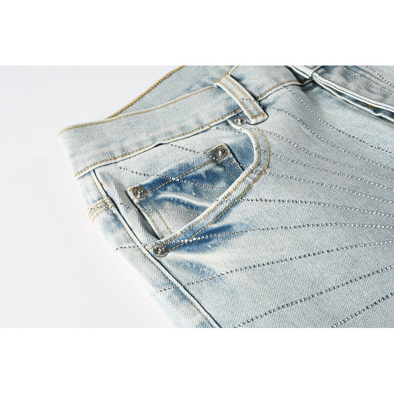 Men's Light Wash Sunburst Rhinestone Skinny Jeans | Streetwear Distressed Slim Fit Denim Pants