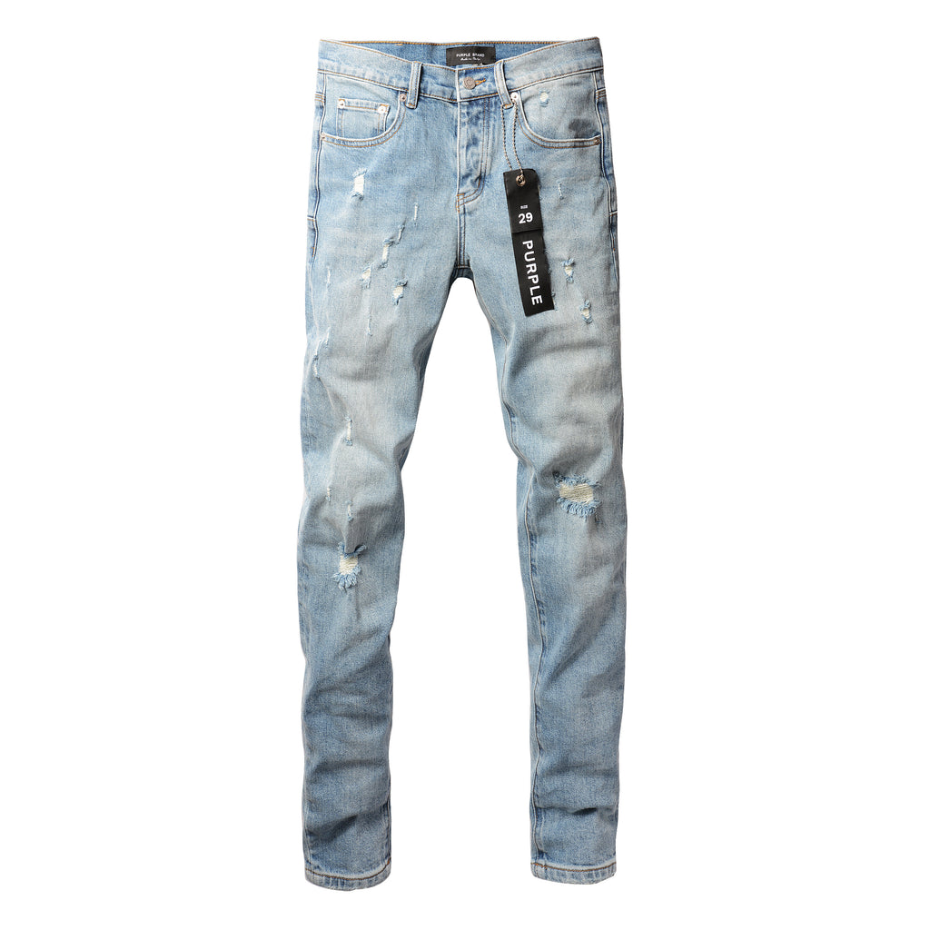 Men's Distressed Slim Fit Light Blue Skinny Jeans with Button Fly & Ripped Detailing