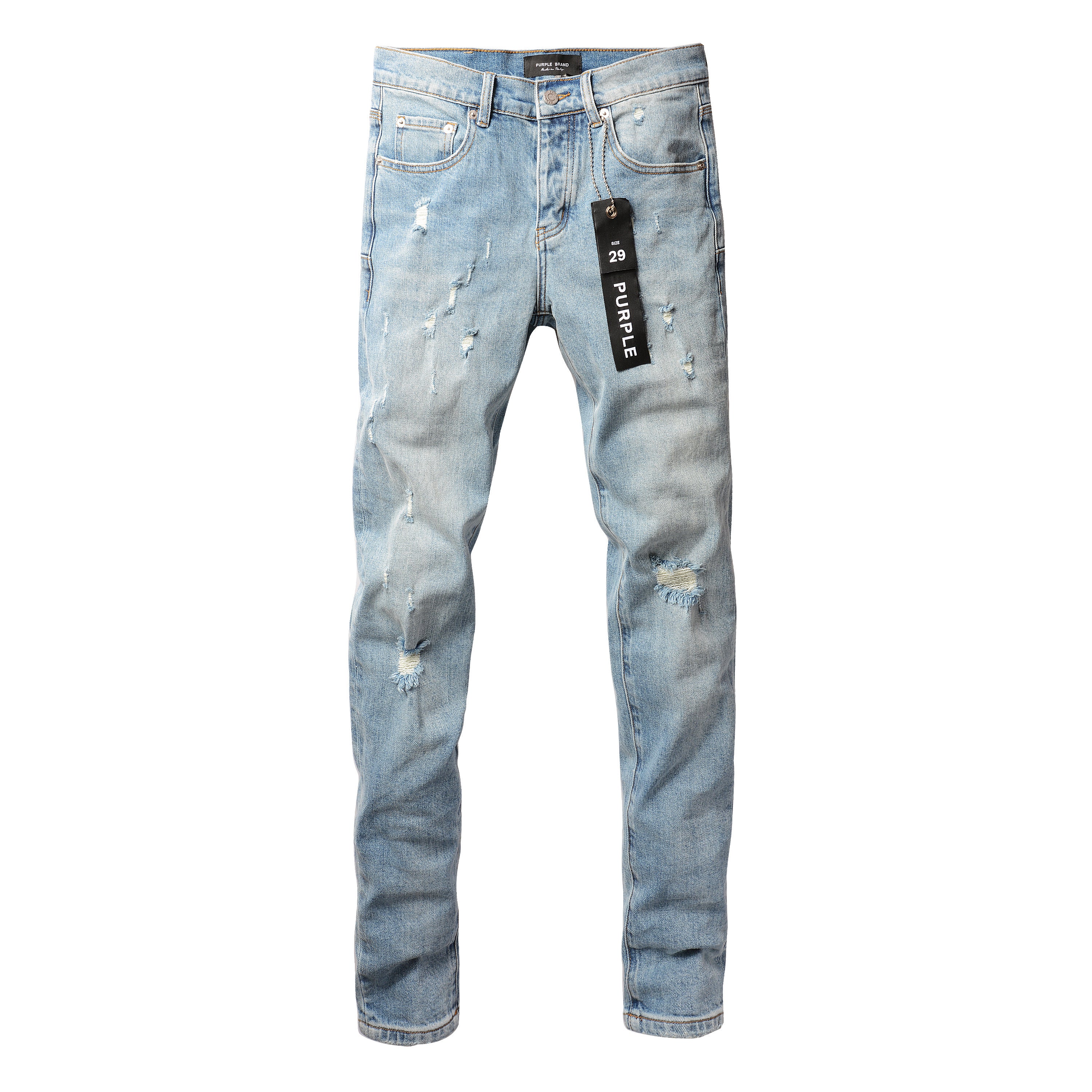 Men's Distressed Slim Fit Light Blue Skinny Jeans with Button Fly & Ripped Detailing