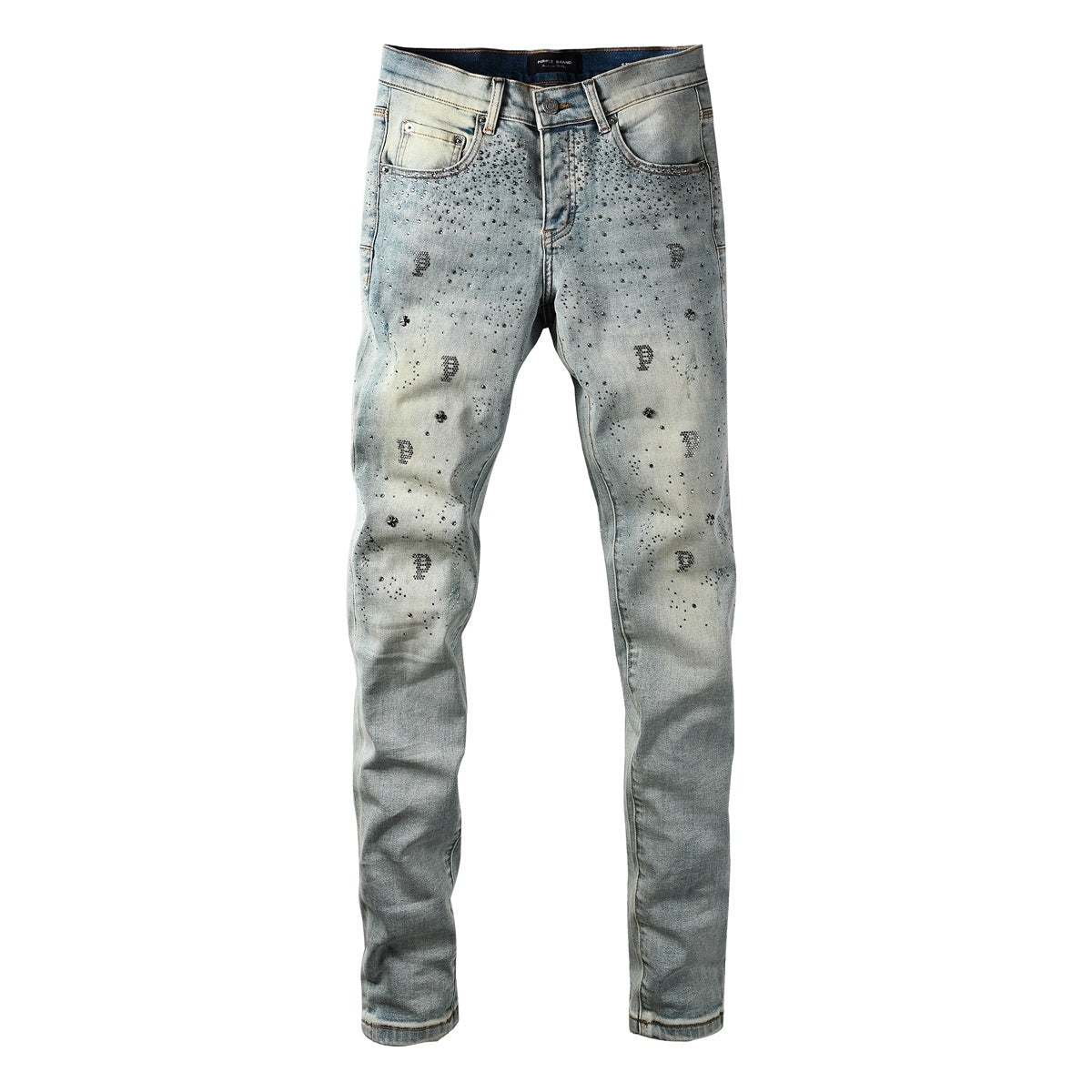 Purple Brand Men's Distressed Skinny Jeans with Cross Rhinestones, Ripped Holes & Button Fly