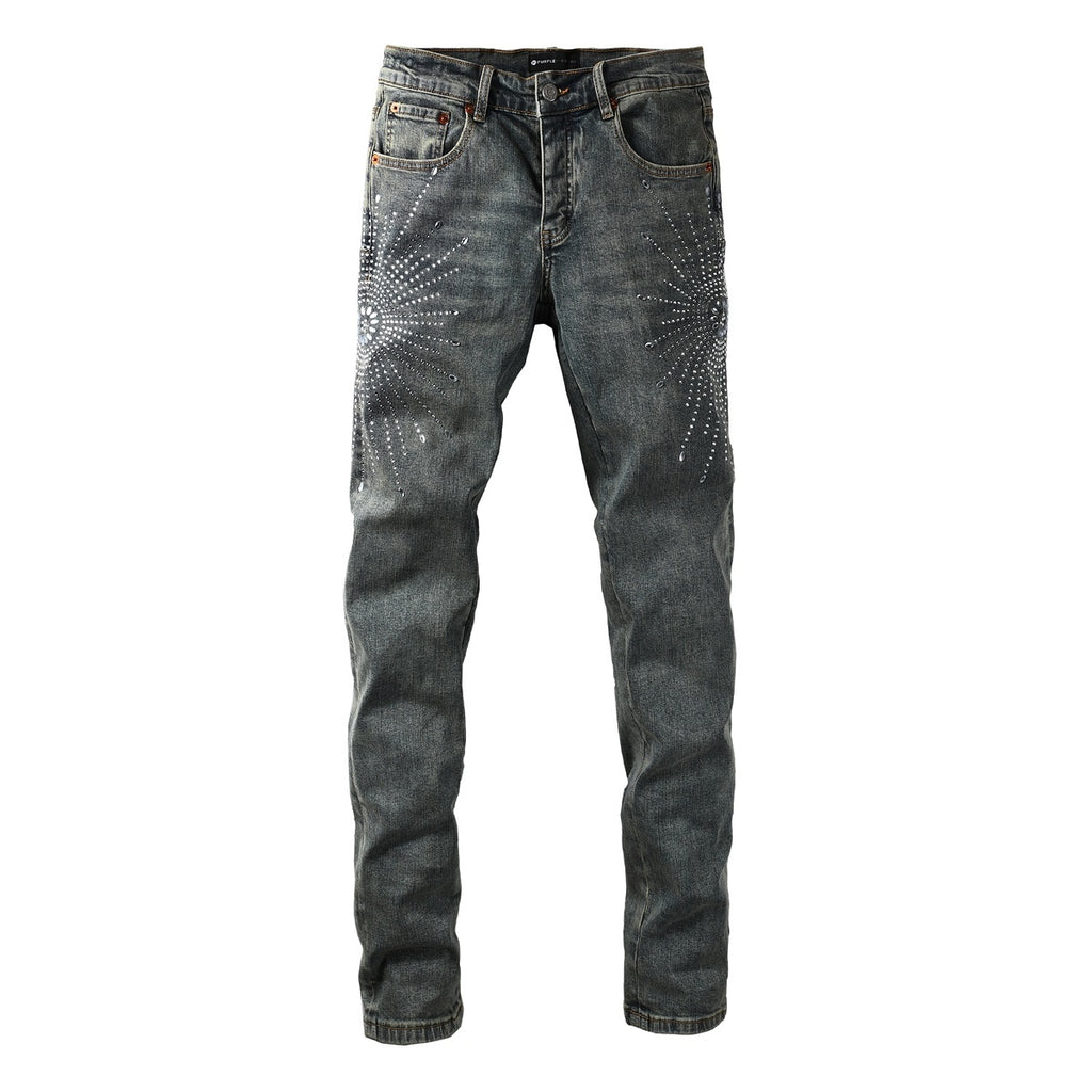 Men's Washed Blue Skinny Jeans with Ripped Holes, Rhinestones & Button Fly