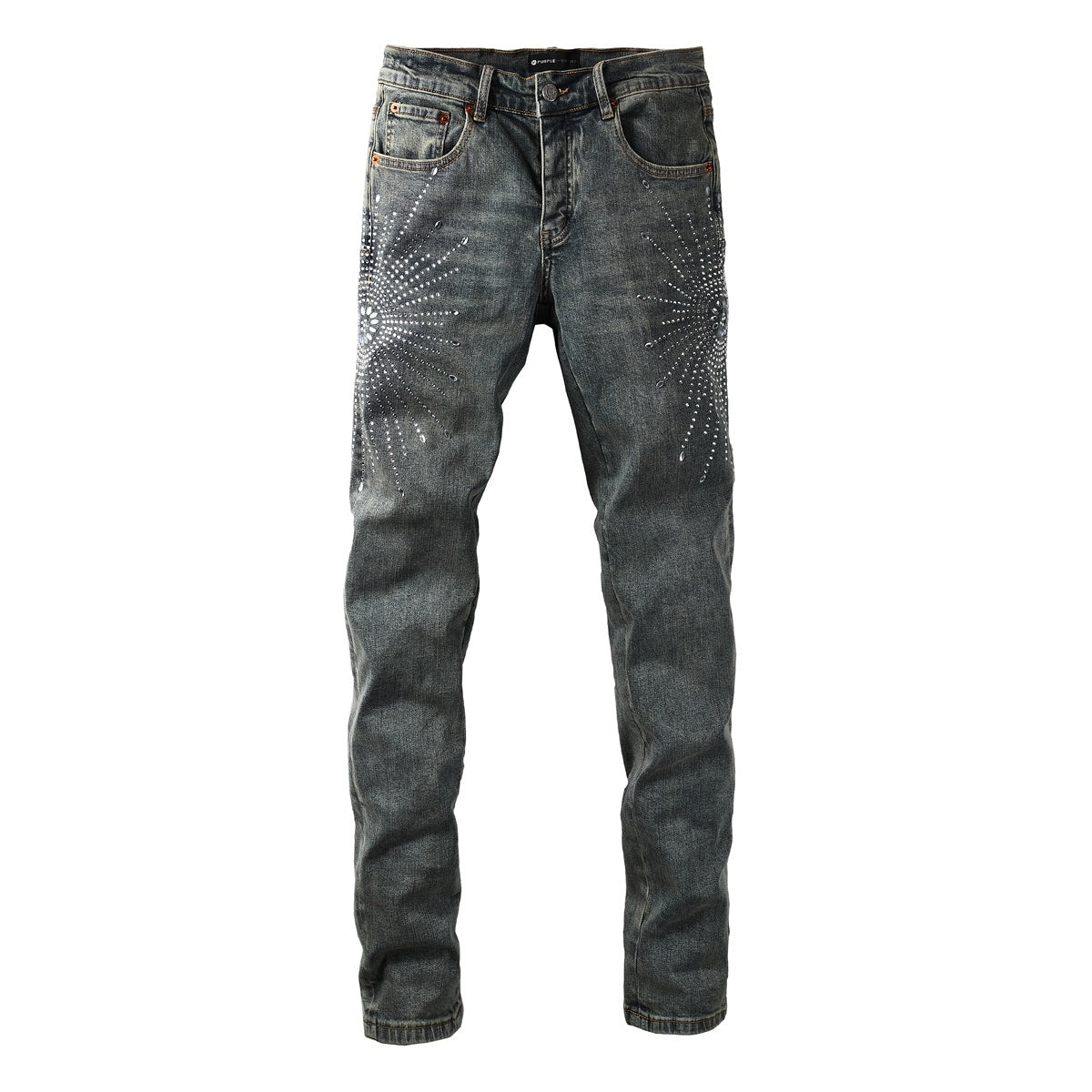 Men's Washed Blue Skinny Jeans with Ripped Holes, Rhinestones & Button Fly