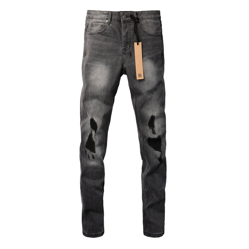Men's Grey Wash Patchwork Distressed Skinny Jeans - Stretch Denim