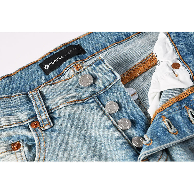 Men's Light Wash Embroidered Letter Skinny Jeans | Streetwear Slim Fit Distressed Denim Pants
