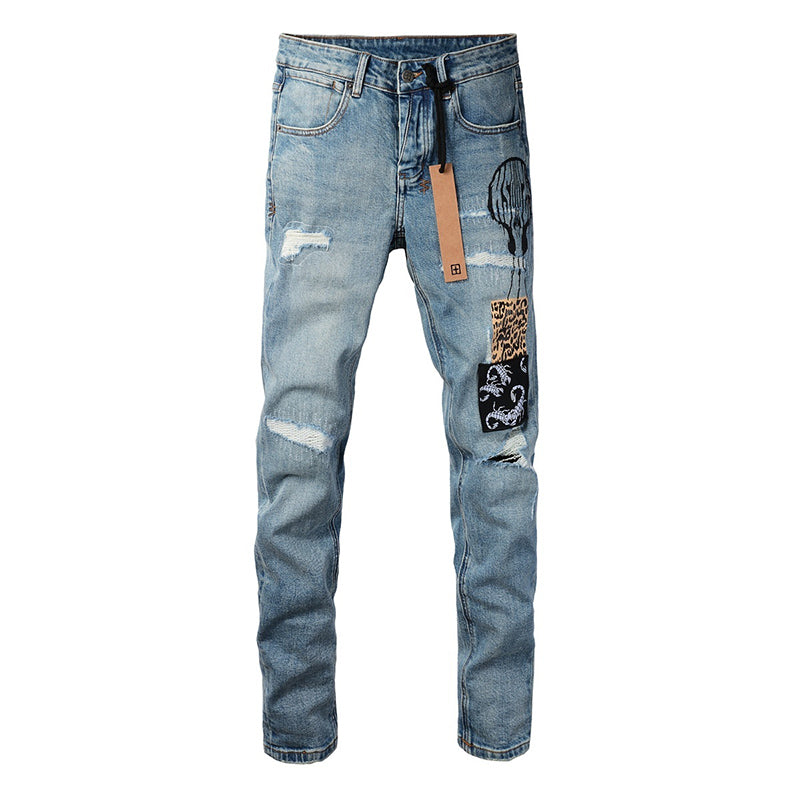 Men’s Ksubi Style Light Blue Patchwork Distressed Skinny Jeans Streetwear Denim