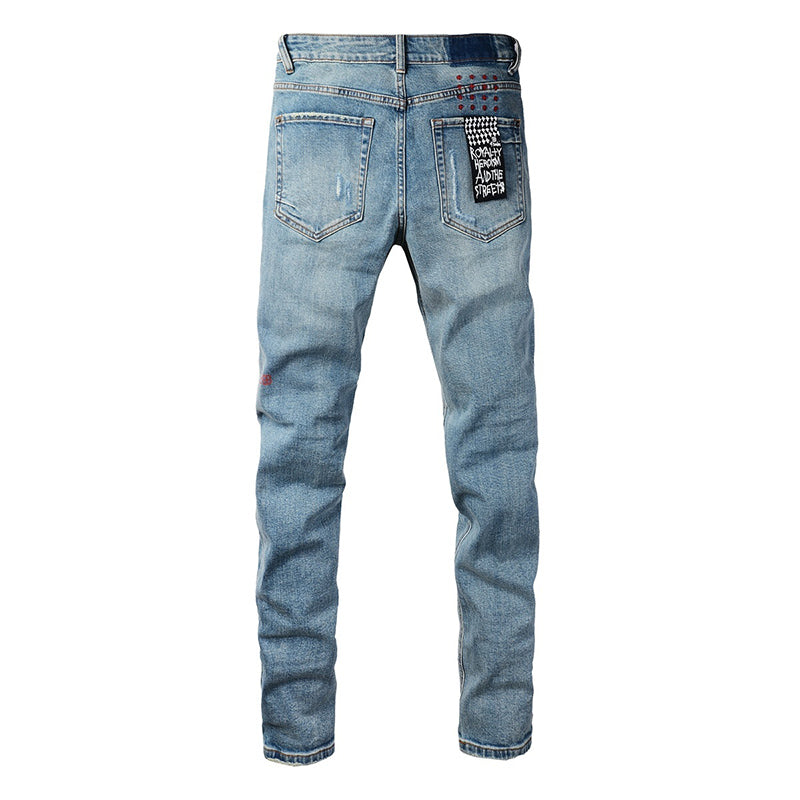 Men’s Ksubi Style Light Blue Patchwork Distressed Skinny Jeans Streetwear Denim