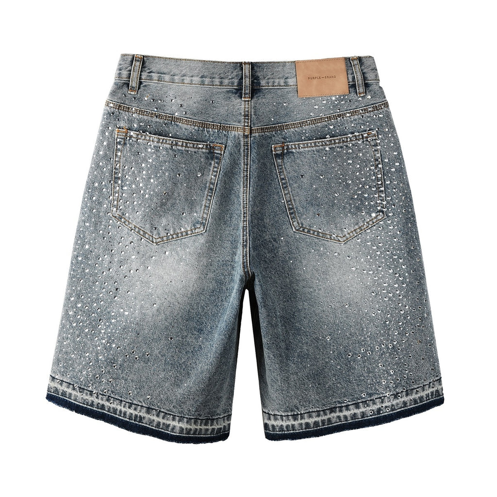 Men's Washed Distressed Blue Denim Shorts with Rhinestones, Ripped Details & Loose Fit