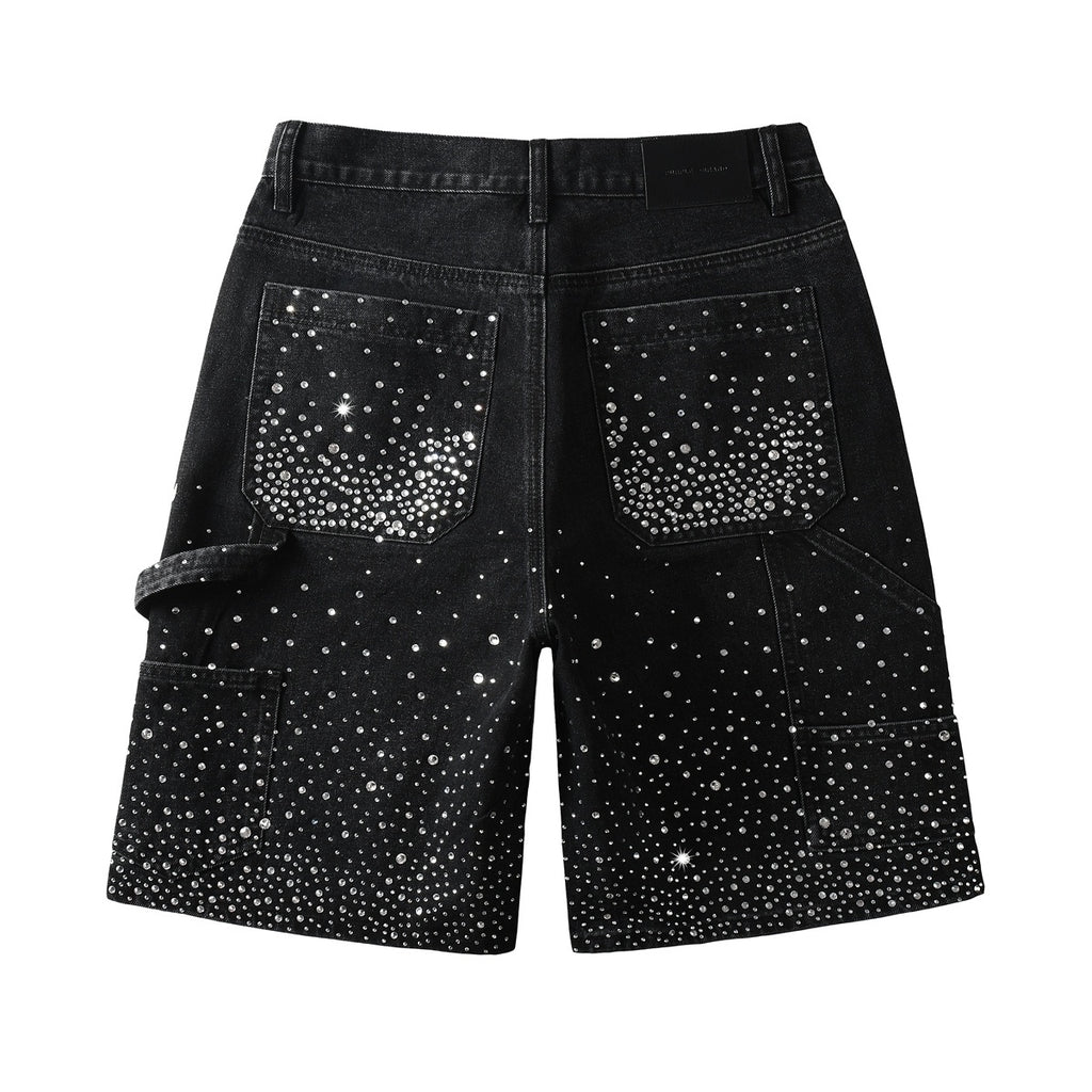 Men's Distressed Black Denim Shorts with Rhinestones, Ripped Holes & Loose Fit