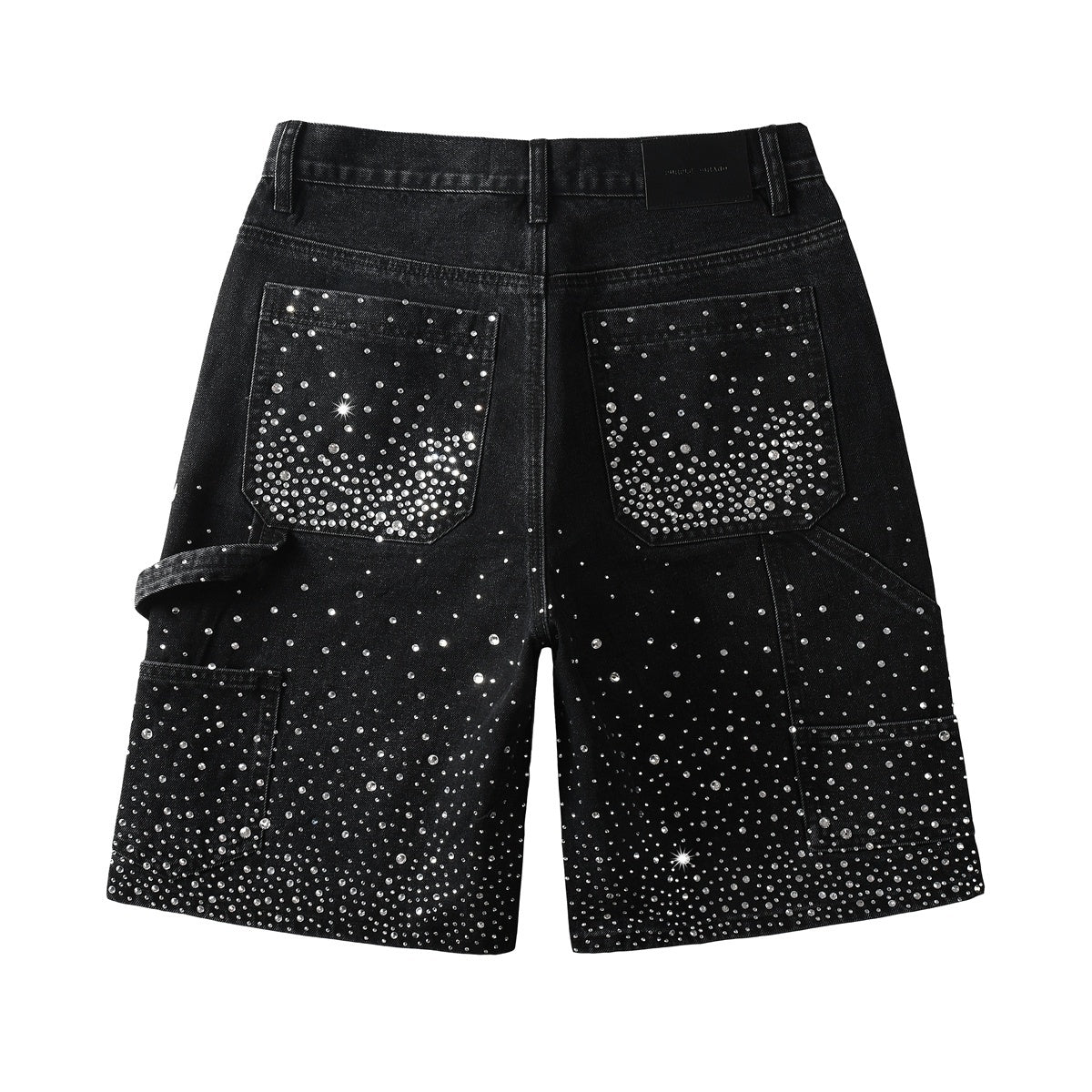 Men's Distressed Black Denim Shorts with Rhinestones, Ripped Holes & Loose Fit