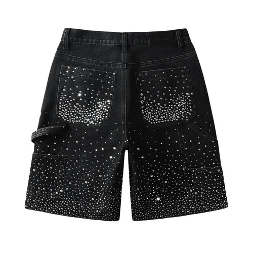Men's Distressed Black Denim Shorts with Rhinestones, Ripped Holes & Loose Fit