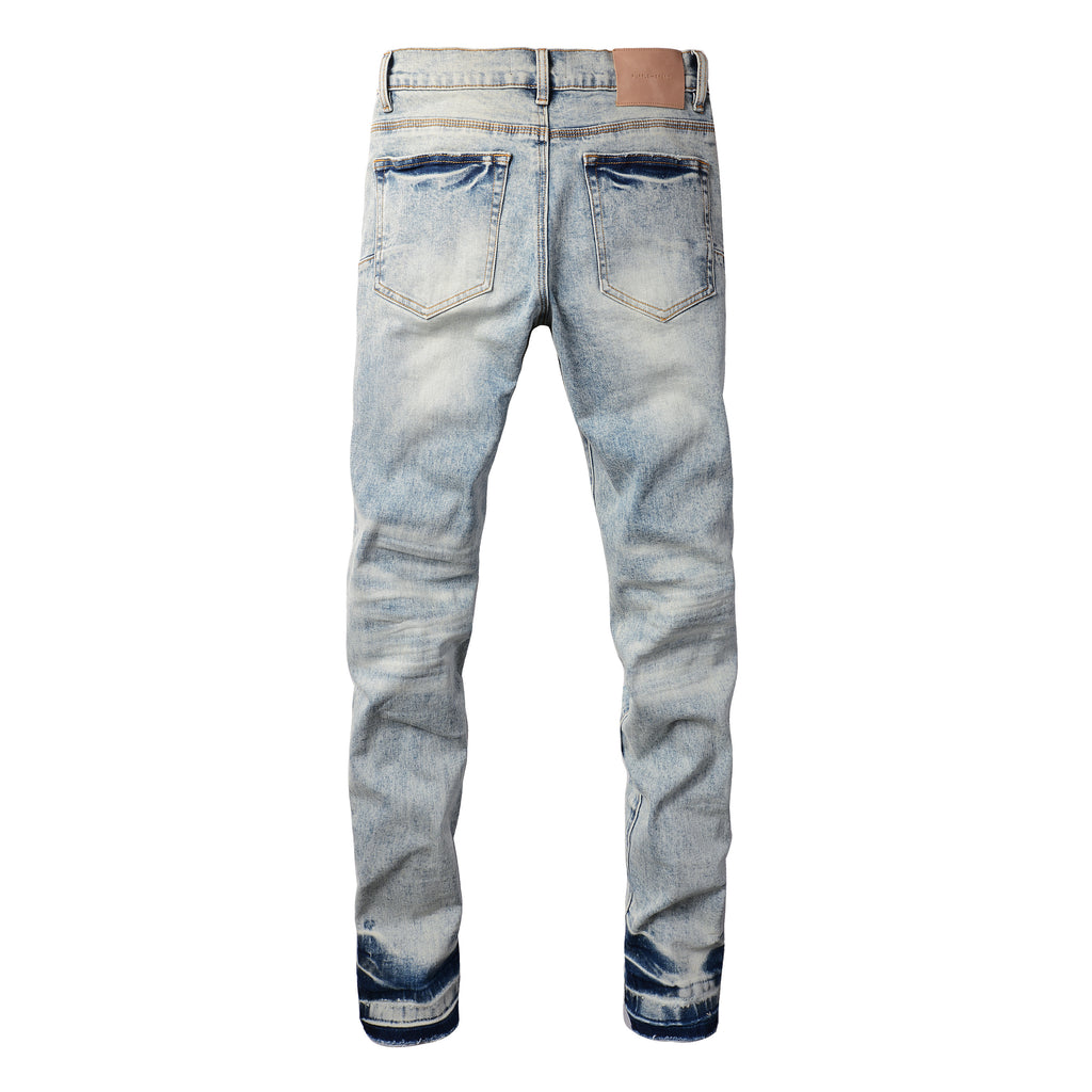Men's Distressed Light Indigo Skinny Jeans with Ripped Holes & Button Fly