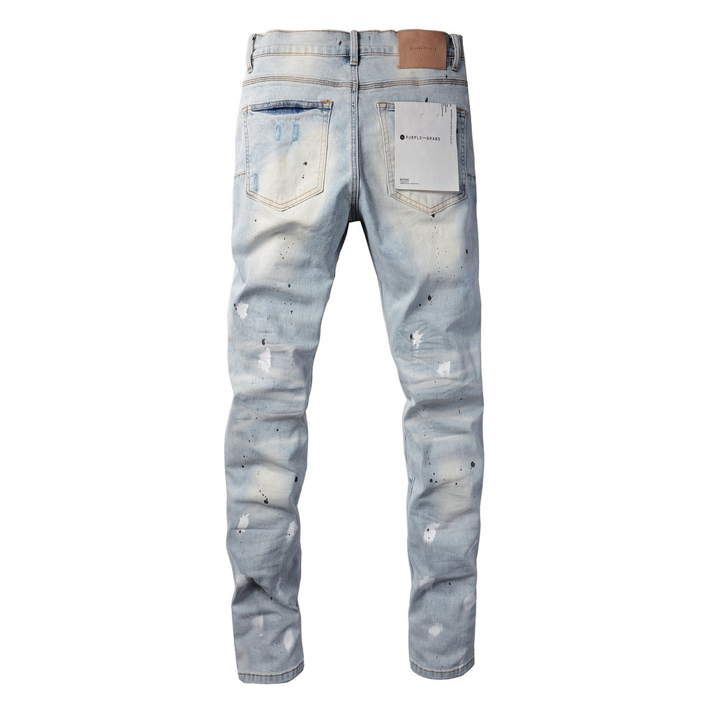 Men's High Street Washed Light Blue Distressed Damaged Holes Ripped Jeans