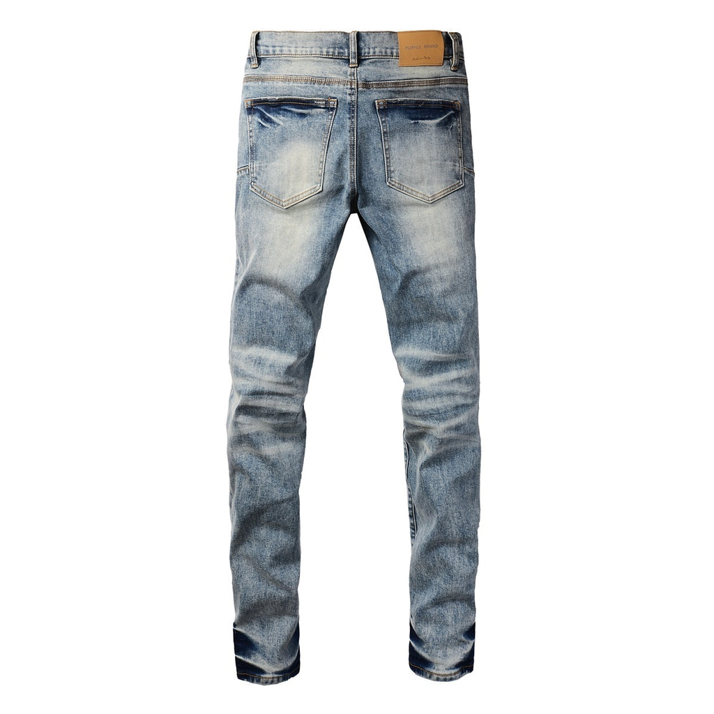 Men's Distressed Light Blue Slim Fit Patchwork Skinny Jeans with Ripped Holes & Button Fly