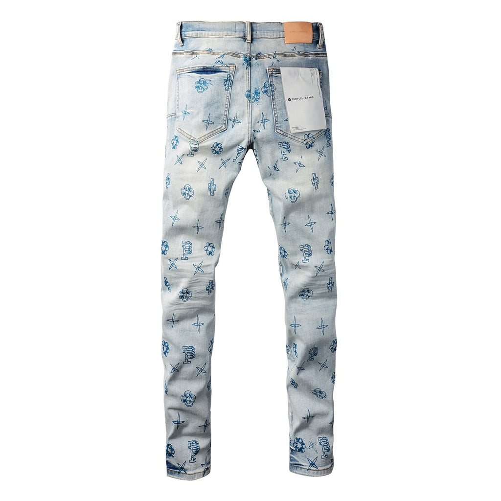 High Street Distressed Blue Laser Patterns Stretch Skinny Ripped Jeans