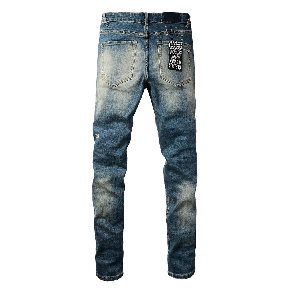 Men's Vintage Blue Multi-Rip Distressed Skinny Jeans - Stretch Denim