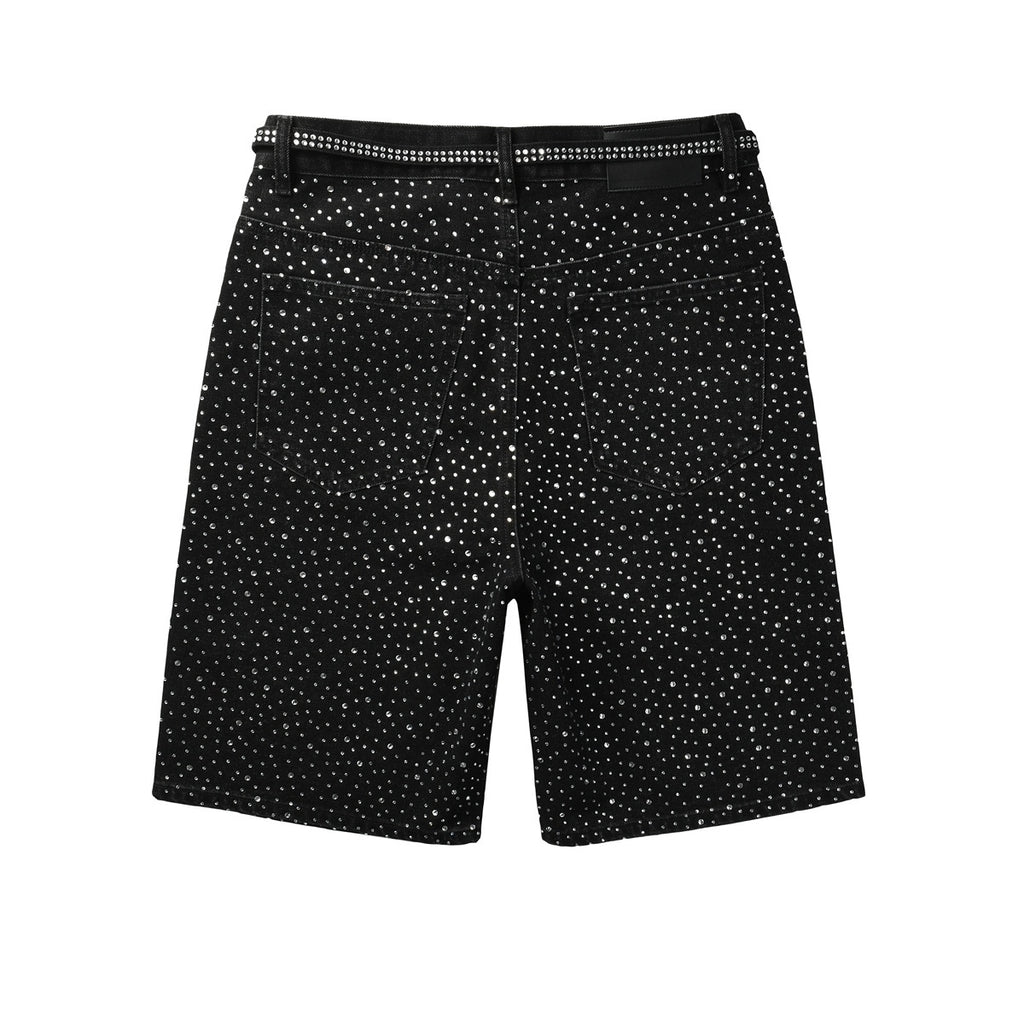 Men's Distressed Black Denim Shorts with Rhinestones, Ripped Detailing & Loose Fit