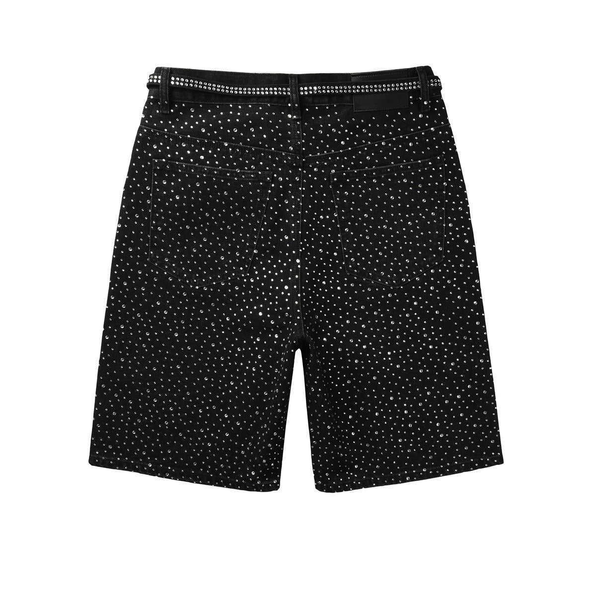 Men's Distressed Black Denim Shorts with Rhinestones, Ripped Detailing & Loose Fit