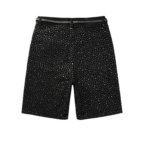 Men's Distressed Black Denim Shorts with Rhinestones, Ripped Detailing & Loose Fit