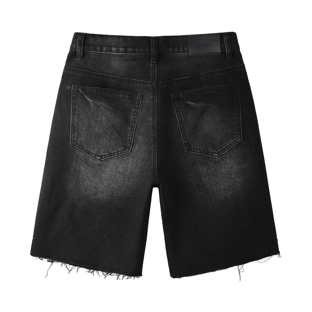 High-Quality Men's Distressed Black Denim Shorts with Rhinestones, Ripped Holes & Loose Fit