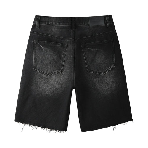 High-Quality Men's Distressed Black Denim Shorts with Rhinestones, Ripped Holes & Loose Fit