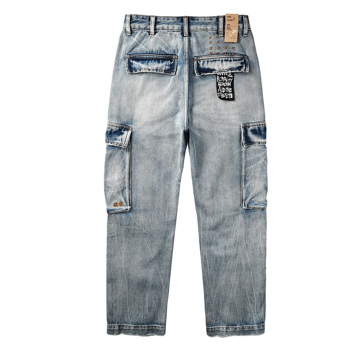 Men’s Light Wash Cargo Jeans - Baggy Utility Denim Pants